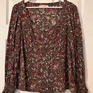 LOFT Long Sleeve Top Size L Olive Green Paisley